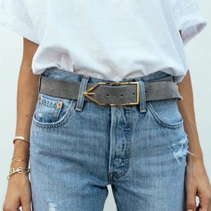 Gray Leather Belt with Gold Buckle